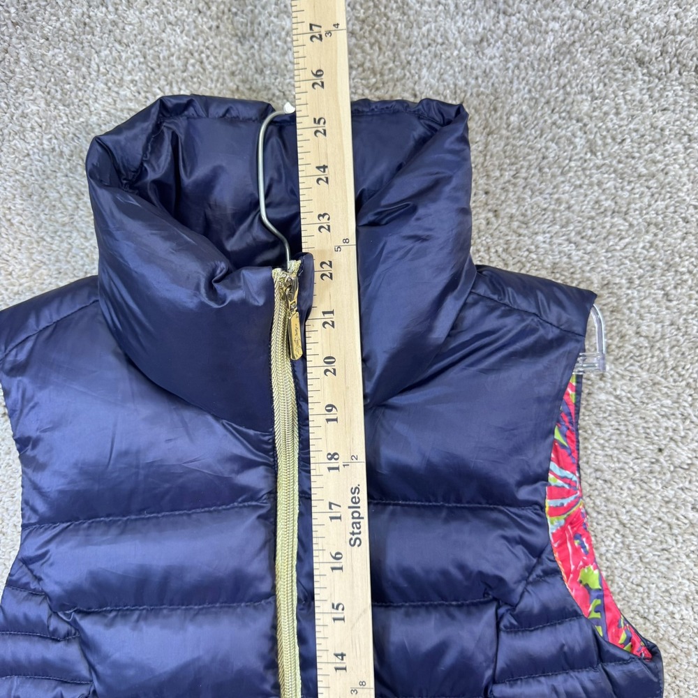 Lilly Pulitzer Womens XS Navy Blue Down Puffer Vest Gold Zip Floral Lining - Picture 10 of 11